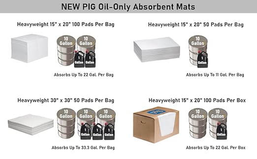 New Pig Oil Mat - Oil-Only Absorbent Mat Pads - 50 Pads per Bag - 15" x 20" Pads - Absorbs up to 28 ounces per Pad - MAT415