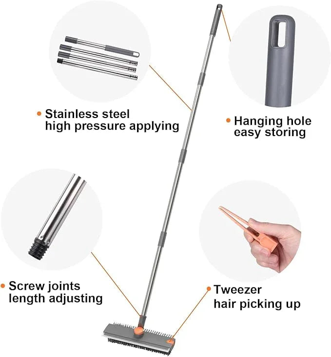 Floor Scrub Brush with Long Handle, BITOPE 3 in 1 Stiff Bristles Deck Brush 360° Rotating Floor Scrubber with Squeegee, Tweezer for Clean Patio, Deck, Tile, Concrete, Balcony Outdoor - NeatNest