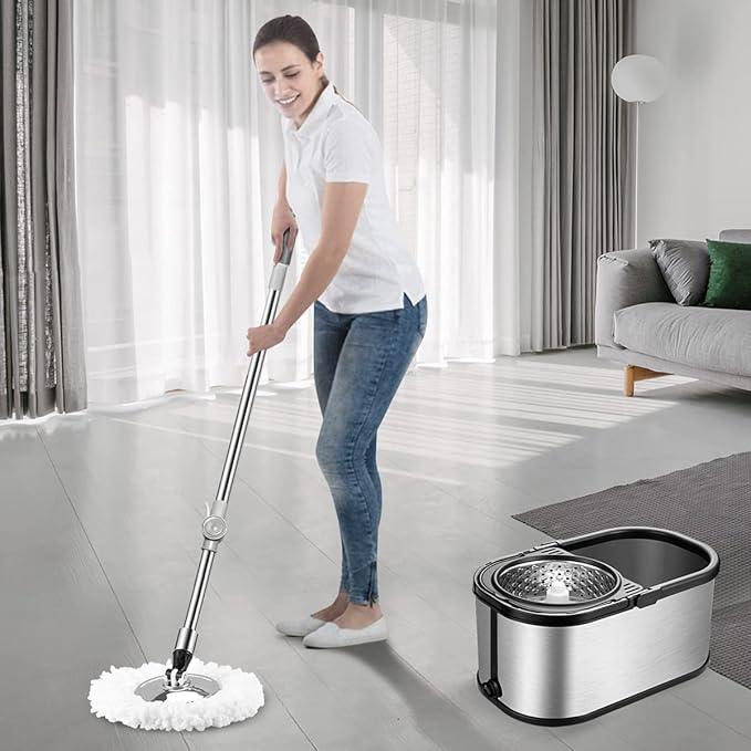Spin Mop Bucket System Stainless Steel Bucket and Mop Set with 6 Microfiber Replacement Head Refills, Floor Mop with 4 Wheel - NeatNest