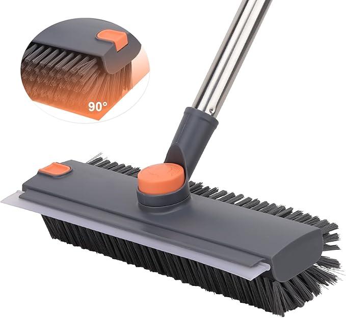 Floor Scrub Brush with 64" Long Handle - 360° Swivel Heads Household Push Brush with Squeegee and Right Angled Bristle for Cleaning Concrete Floors Grout Gardens Patio Deck Concrete Garage Heavy Duty - NeatNest