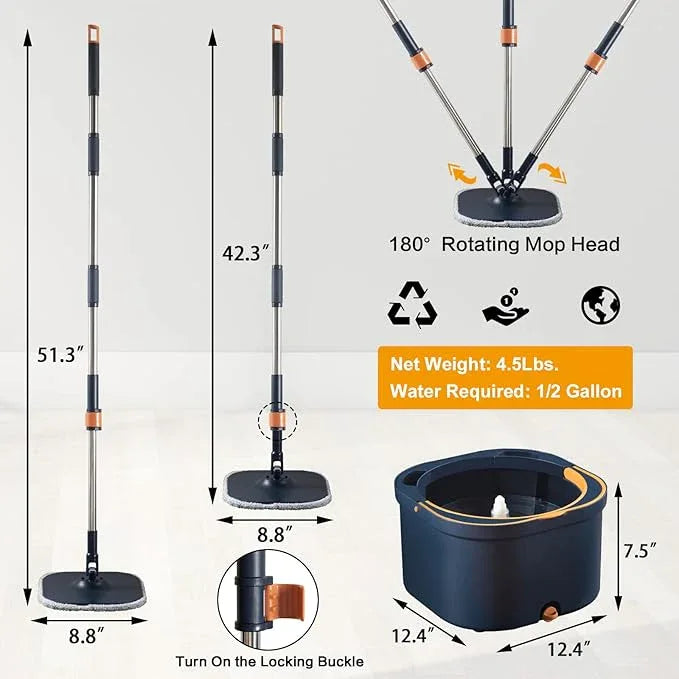 Flat Floor Mop and Bucket System Set with Wringer, Spin Mop and Bucket Separate Clean and Dirty Water with Self Separation for Hardwood, Laminate, Tile, Floor Cleaning, Wet and Dry Use, Navy Blue - NeatNest