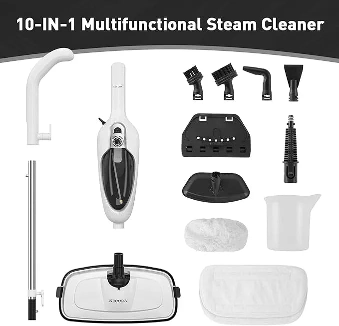 Secura Steam Mop 10-in-1 Convenient Detachable Steam Cleaner, White Multifunctional Cleaning Machine Floor Steamer with 3 Microfiber Mop Pads - NeatNest