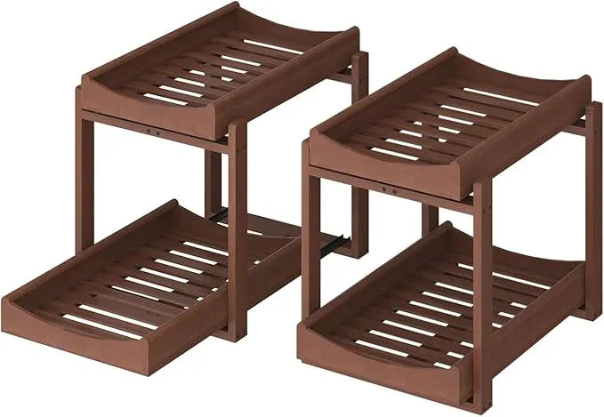 Bamboo Under Sink Organizer and Storage, 2 Pack Pull Out Cabinet Organization, 2 Tier Vertical Slide Out Undersink Storage Shelf, Multi-Purpose Organizer Shelves for Kitchen Bathroom Medicine, Brown - NeatNest