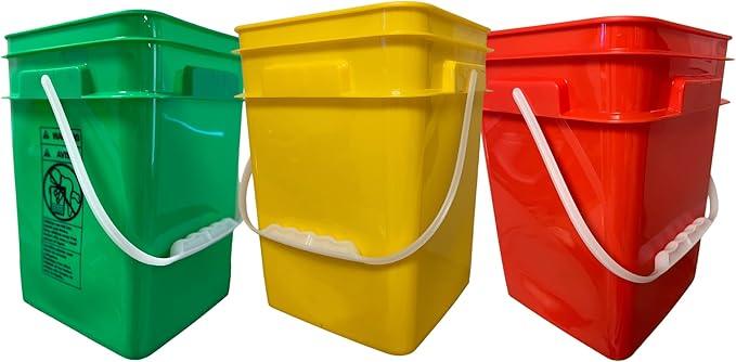 House Naturals 4 Gallon Square Food Grade Bucket Pail with Plastic Handles and Lid (Pack of 3) Made in USA containers (Yellow-Green-Red) - NeatNest
