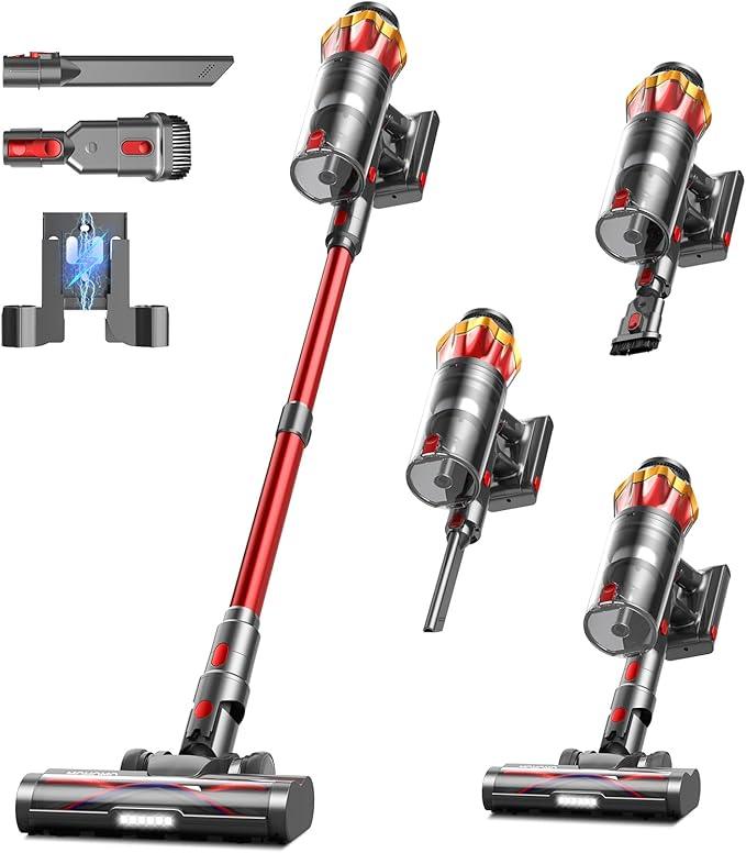 Cordless Vacuum Cleaner, 650W 55KPa 70Mins Vacuum Cleaners for Home, Self-Standing Stick Vacuum with Anti-Tangle Brush & OLED Touch Screen, Vacuum Cleaner for Hardwood Floors,Carpet,Pet Hair,Car (Red) - NeatNest