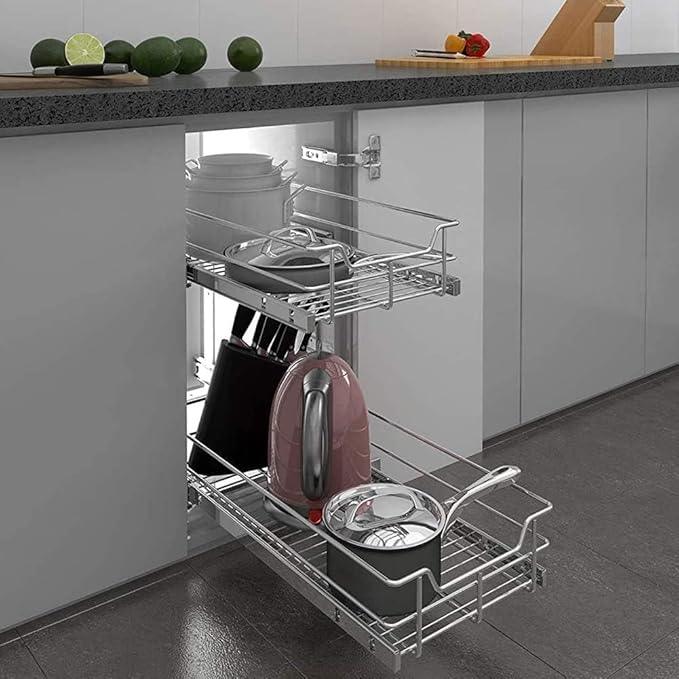 2 Tier Pull Out Cabinet Organizer 11" W X 17" D, Slide Out Drawers for Kitchen Cabinets, Pull Out Drawers for Cabinets Capacity Heavy Duty Caddy, Cabinet Pullout Shelves Chrome-Plated,Bathroom Pantry - NeatNest