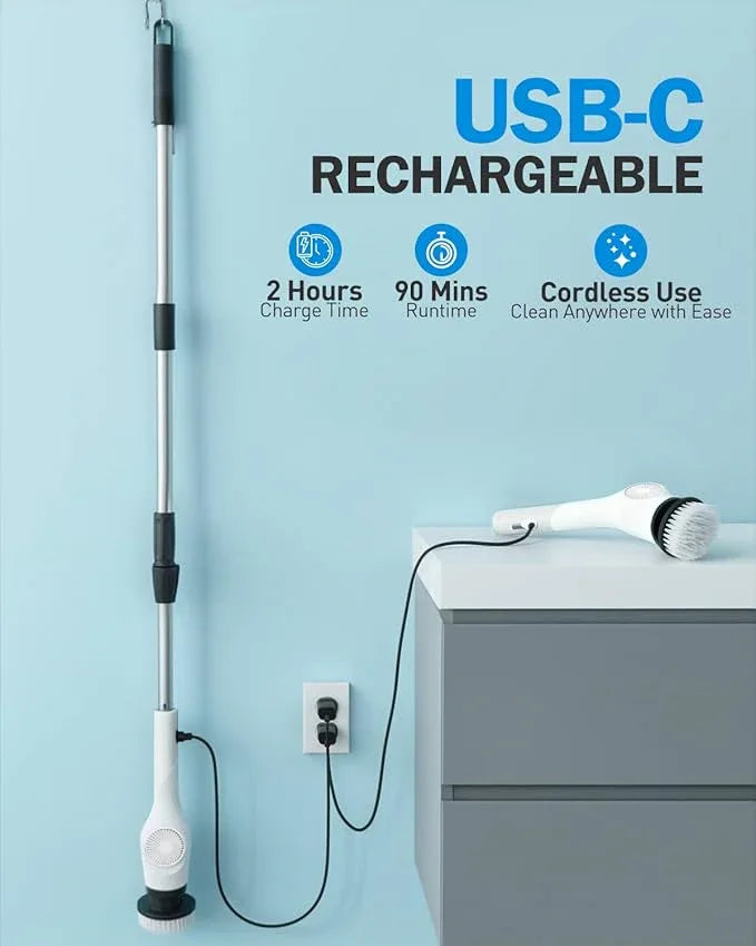 Electric Spin Scrubber, 3-Speed Cordless Shower Scrubber with 90° Adjustable & 10 Replaceable Brush Heads, 90 Mins Runtime & Full-Body IPX7 Waterproof Shower Cleaner Brush with Long Handle - NeatNest