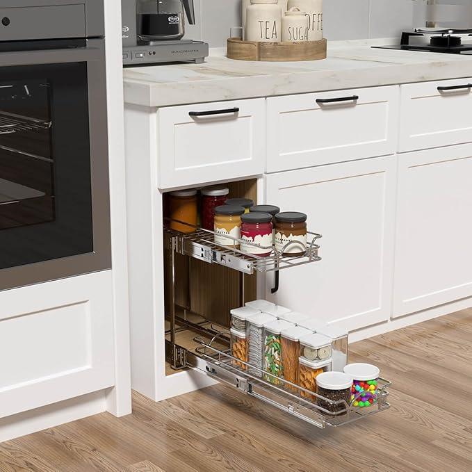 OCG 2 Tier Pull Out Cabinet Organizer (12.5" W x 21" D), Pull Out Drawers for Kitchen Cabinets, Pull Out Shelves for Base Cabinet Organization in Kitchen Bathroom Pantry, Chrome Finish - NeatNest