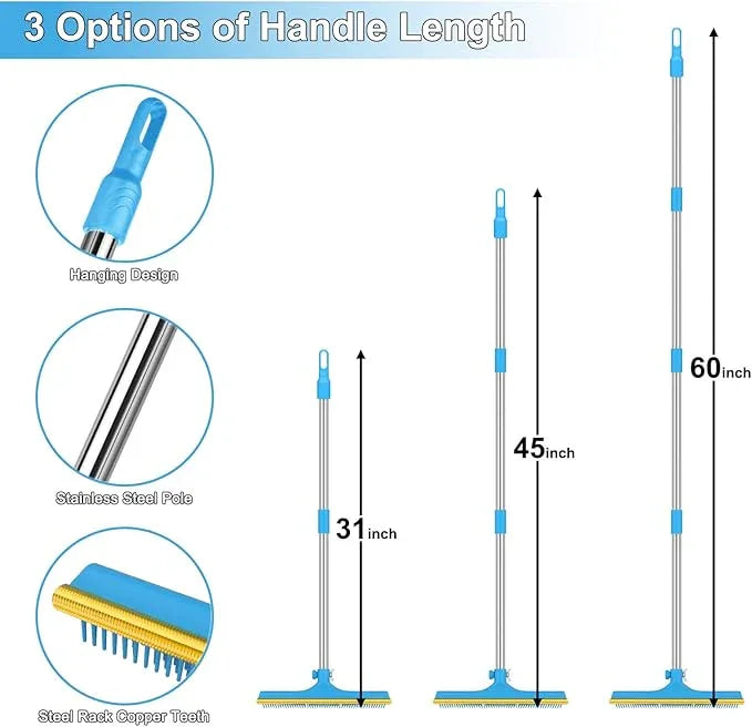 3 in 1 Carpet Rake for Pet Hair Removal, Reusable Pet Hair Remover Broom, 60'' Adjustable Long Handle Dog and Cat Hair Remover Tool Set of 3, Lint Remover Scraper for Carpets, Rugs, Mats, Couch, Car - NeatNest