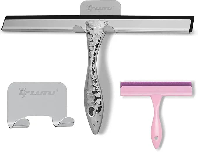 2-Pack Shower Squeegee for Glass Doors, 10 inch Silver Stainless Steel & 5 inch Pink Mini with 2 Hooks, Non-Slip Hammered Handle, Silicone Wiper for Shower, Bathroom, Tile and Mirror - NeatNest