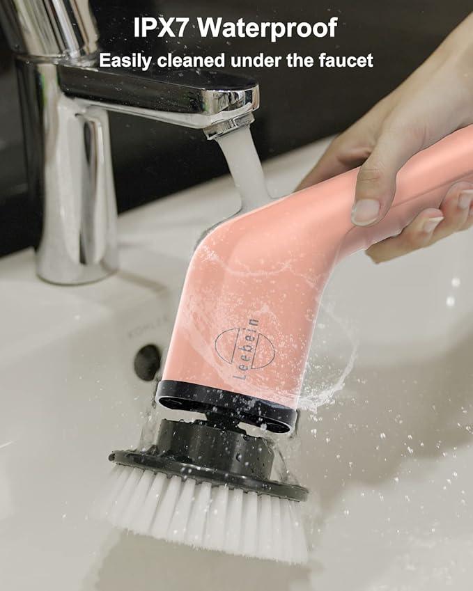 Leebein Electric Spin Scrubber, Cordless Powerful Scrub Brush for Cleaning Bathroom, Kitchen, Shower Tub and Floor Tile with Adjustable Extension Long Handle and 8 Replaceable Brush Heads(Rose) - NeatNest