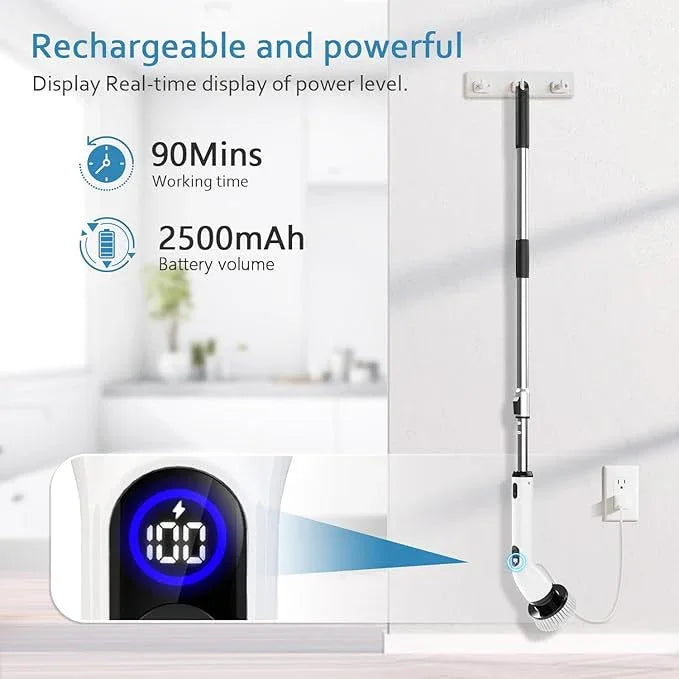 TUYU Electric Spin Scrubber, Full-Body IPX7 Waterproof Bathroom Scrubber with Power LCD Display, 8 Replacement Head, Adjustable Extension Handle, Cordless Shower Cleaner Brush for Bathtub Cleaning - NeatNest