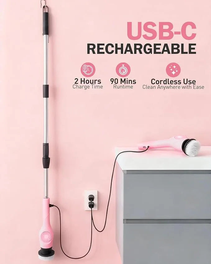 Electric Spin Scrubber, 3-Speed Cordless Shower Scrubber with 90° Adjustable & 10 Replaceable Brush Heads, 90 Mins Runtime & Full-Body IPX7 Waterproof Shower Cleaner Brush with Long Handle - NeatNest