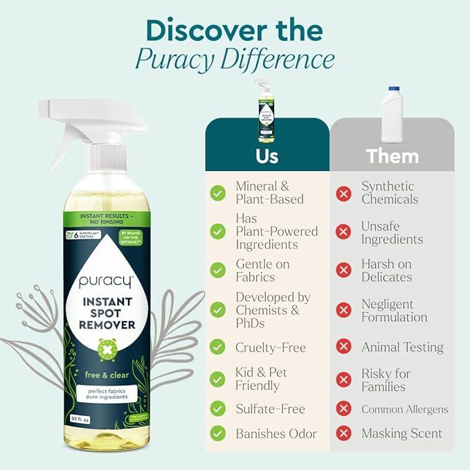 Puracy Laundry Stain Remover for Clothes Laundry - Carpet Stain Remover Carpet Spot Cleaner Couch Stain Remover - Clothes Spray, Free & Clear - Instant Spot Remover, 25 Fl Oz (Pack of 1) - NeatNest