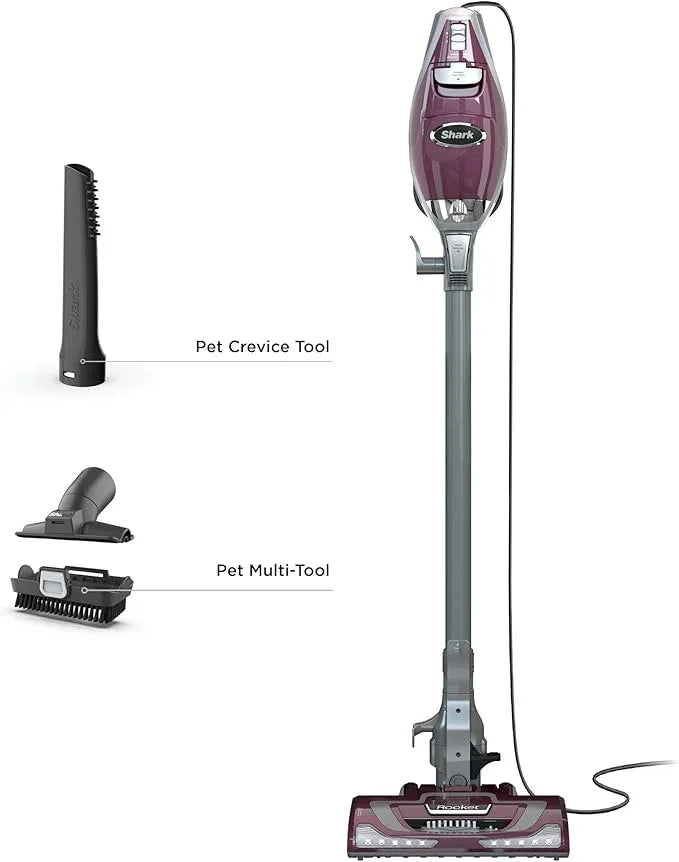Shark HV322 Rocket Pet Plus Corded Stick Vacuum with LED Headlights, XL Dust Cup, Lightweight, Perfect for Pet Hair Pickup, Converts to a Hand Vacuum, with (2) Pet Attachments, Bordeaux/Silver - NeatNest