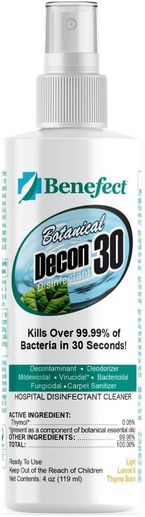 Benefect Botanical Decon 30 Disinfectant Cleaner, 4 oz. Spray Bottle, Light Lemon & Thyme Scent, Hospital Grade Disinfectant, Kills Over 99.99% of Germs, Safe for Food-Contact Surfaces (Pack of 4) - NeatNest