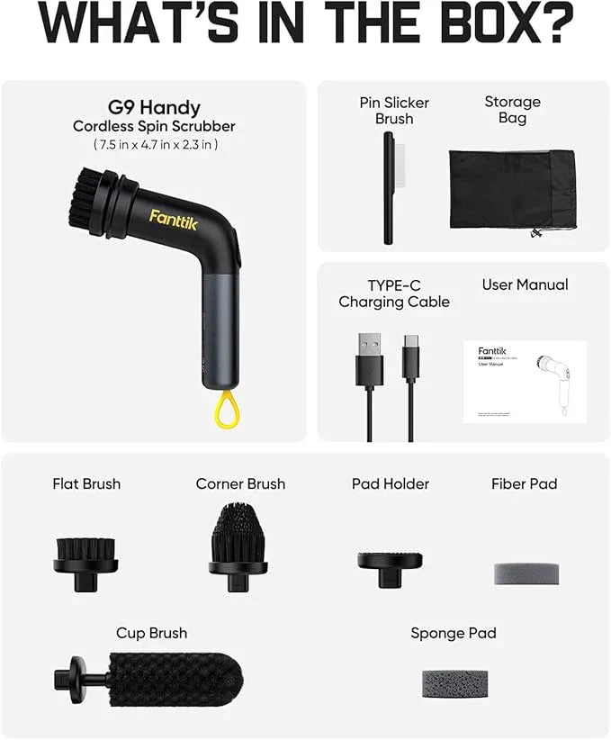 Fanttik G9 Handy Cordless Electric Spin Scrubber, MagnaStorm Motor, Dual-Speed, 5 Brush Heads, LED Display, IPX7 Waterproof, 2500mAh with Type-C Charging, for Kitchen, Sink, Tile, Stove - NeatNest