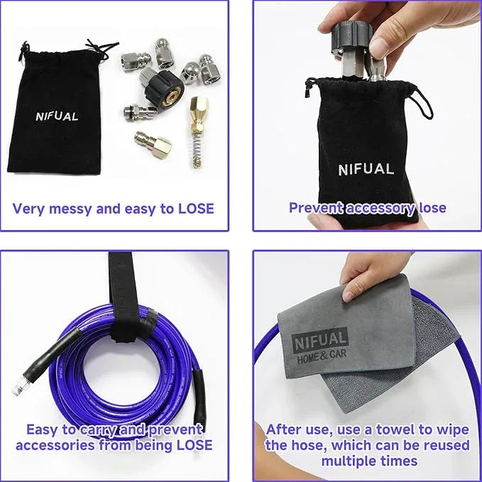 NIFUAL 200FT Sewer Jetter Kit for Pressure Washer, 5800PSI Drain Cleaner Hose 1/4 Inch NPT Corner, Rotating and Button Hose Sewer Jetting Nozzle Waterproof Tape Pearl Corsage Pin Spanner Glove - NeatNest