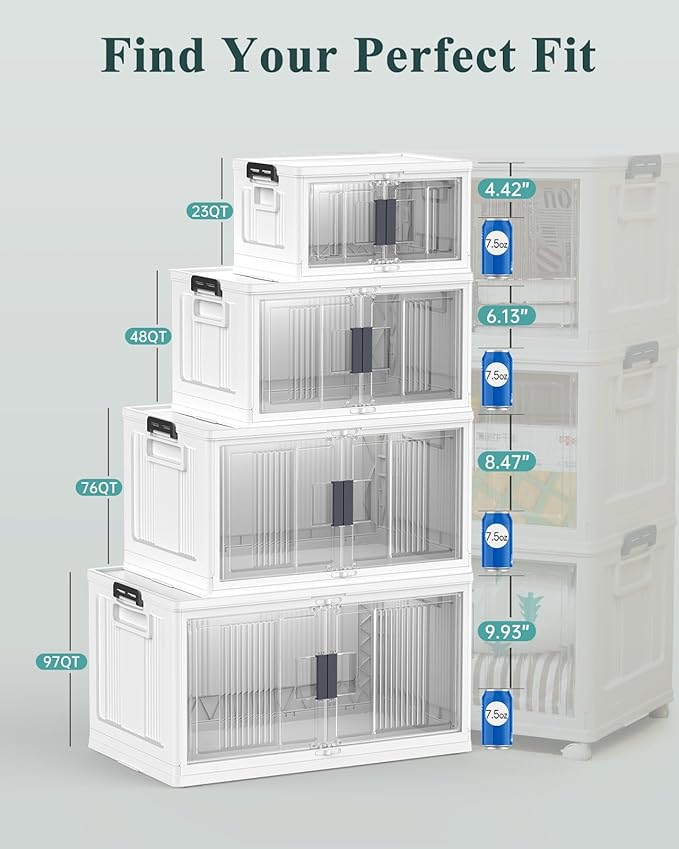 OlarHike 23QT Stackable Storage Bins with Lids - Folding Storage Box with Doors and Wheels, Collapsible Plastic Storage Drawers for Closets, 6 Pack Cubes