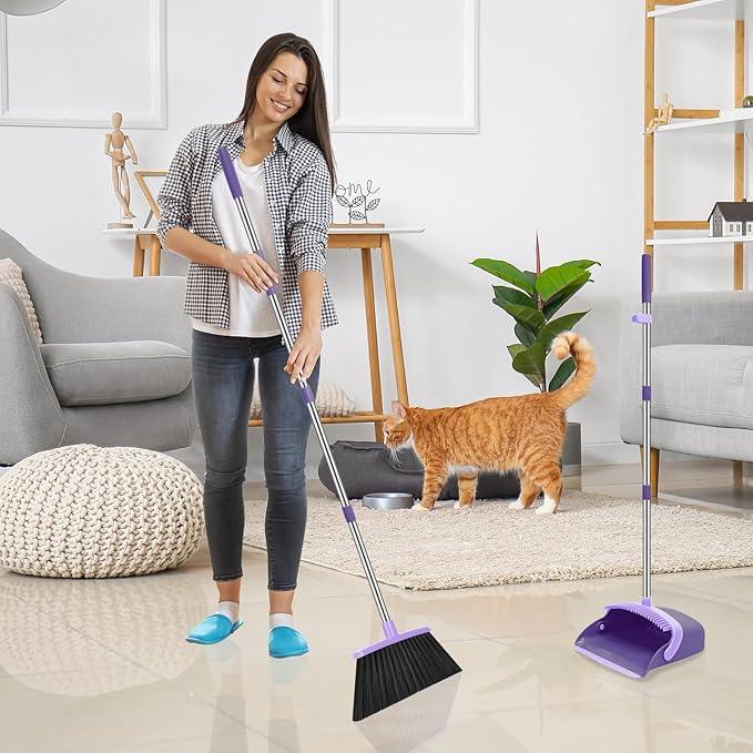 NACENA Broom and Dustpan Set, 52-in Long Adjustable Handle Broom Dustpan Combo with Dustpan Teeth to Automatically Clean Hair Suitable for Home Kitchen Office Hall Floor (Purple), 4 Pack - NeatNest