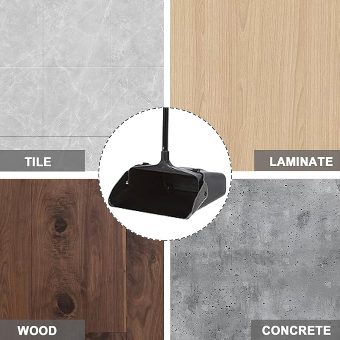 Primero Basics Pivoting Upright Dust Pan with Long Handle and Wheels, Large Capacity, Heavy Duty Commercial Dustpan for Indoor Outdoor, Standing Dust Pan for Home and Restaurant Cleaning, Black