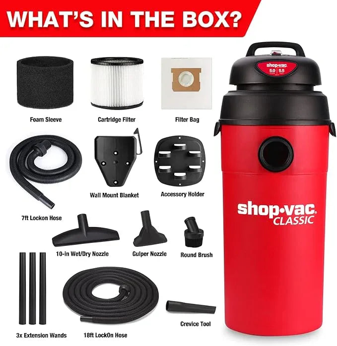 Shop-Vac 5 Gallon 5.5 Peak HP Wet/Dry Vacuum, Wall Mountable Compact Shop Vacuum with 18+7Ft Long Hose & Attachments, Ideal for Jobsite, Garage, Car & Workshop. 9522236 - NeatNest