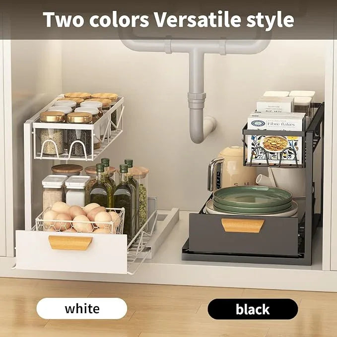Under Sink Organizer - 2 Tier Pull Out Cabinet Organizer with Sliding Drawers, Adjustable Metal Storage Shelf for Kitchen & Bathroom, Space Saving Storage Solution (White, 1-Pack) - NeatNest