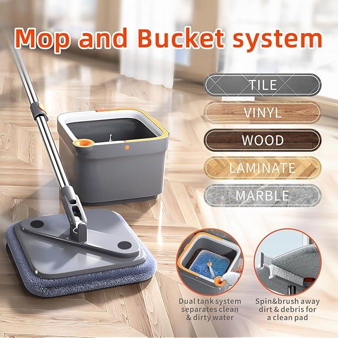 KZKR Spin Mop and Bucket Set with 10 Replaceable Microfiber Mop Pads with Self Separation Dirty and Clean Water System, Self Wringing 360° Rotating Square Mop Head for Hardwood Tile Marble Floors - NeatNest