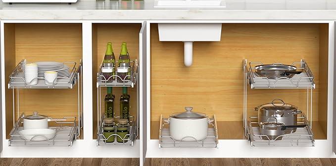 OCG 2 Tier Pull Out Cabinet Organizer (7.5" W x 21.5" D), Pull Out Drawers for Kitchen Cabinets, Pull Out Shelves for Base Cabinet Organization in Kitchen Bathroom Pantry, Chrome Finish - NeatNest