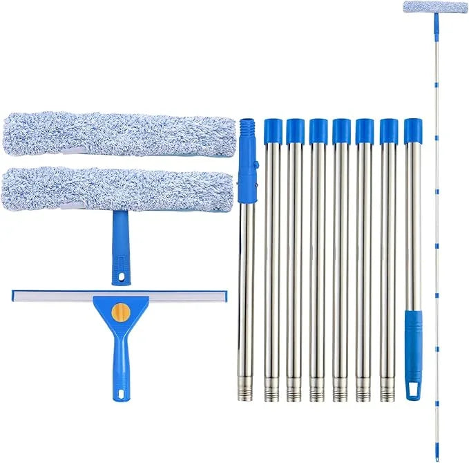 10Ft Window Cleaning Kit with Extension Pole, 14" Squeegee and 15" Scrubber with Long Handle, Window Cleaner Tool Washing Equipment for Outdoor High Windows Glass - NeatNest
