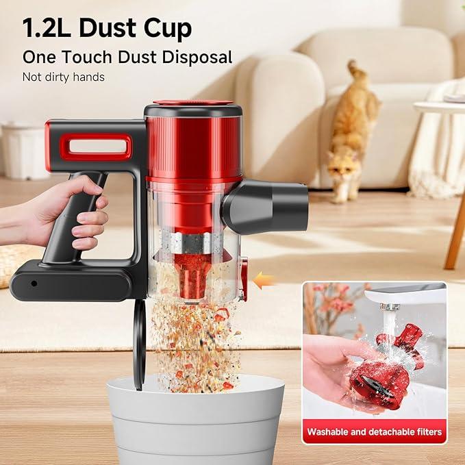 Cordless Vacuum Cleaner for Home - Lightweight, Stick Vacuum Clean with Rechargeable Battery, Max 45Mins Runtime, 8 in 1 Handheld Vacuum for Hardfloor & Carpets Pet Hair, Red&Black - NeatNest