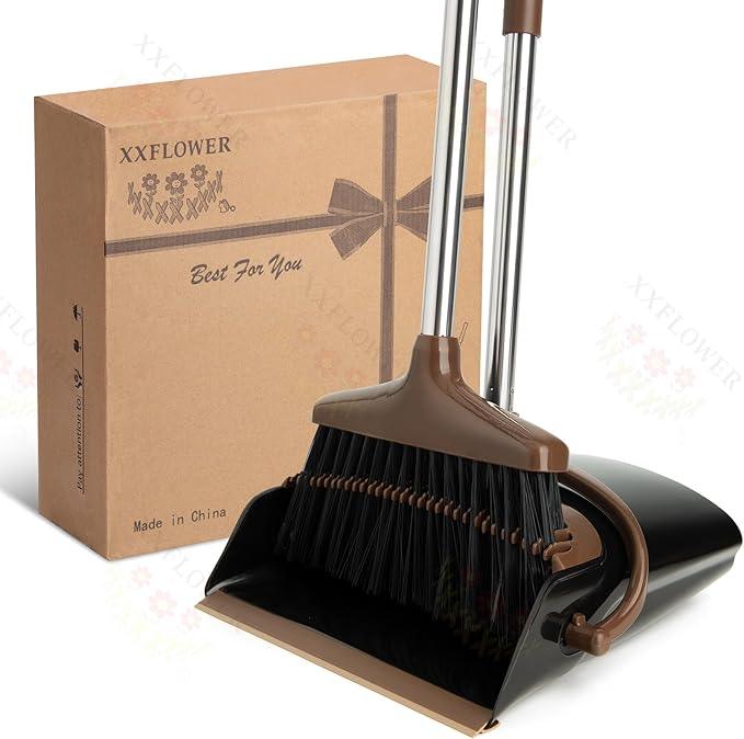 Broom and Dustpan Set with Long Handle, Light Weight Stainless Steel Poles Stand Upright Dustpans with Broom Combo for Home Kitchen Office Pet Dog Hair, 1-Pack (Black Brown) - NeatNest