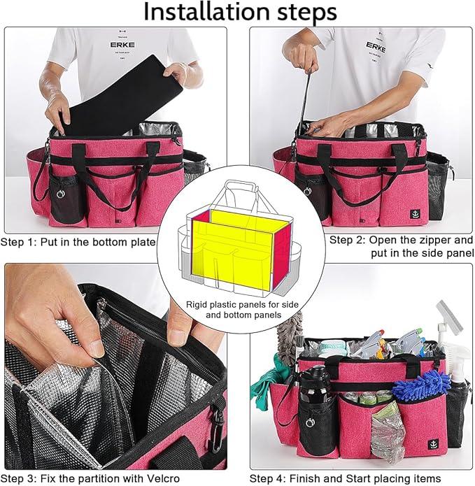 Large Cleaning Caddy Bags Pink with Sturdy Support Board, Cleaning Organizer with Detachable Dividers, Cleaning Supply Tote with Adjustable Shoulder Strap & Waist Belt for Cleaners Housekeepers - NeatNest