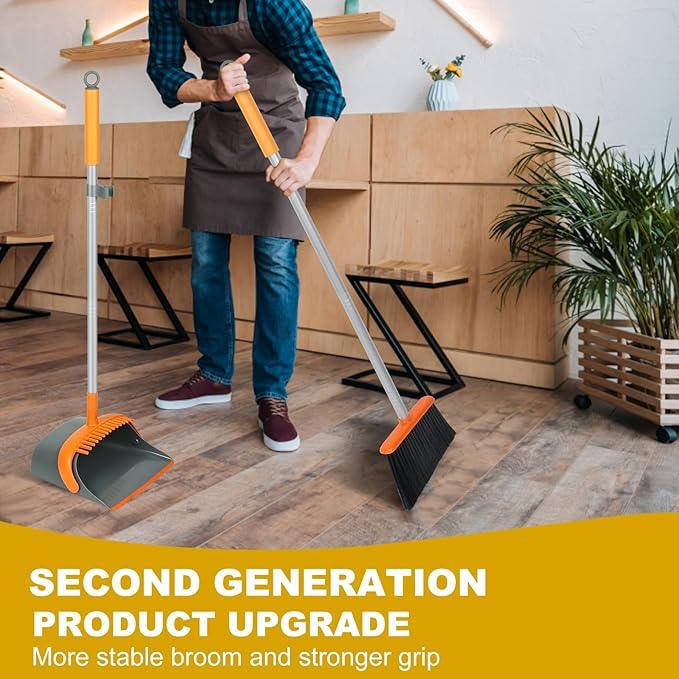 Broom and Dustpan Set with 54 Inch Long Handle - Perfect Dust Pan and Brush Combo for Home Efficient Cleaning (Orange and Grey) - NeatNest