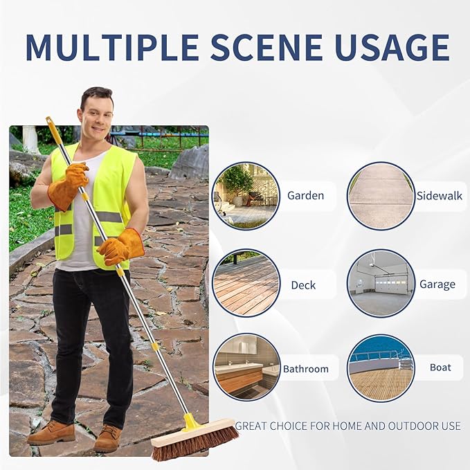 NICOFPHY Floor Scrub Brush with Long Handle - 60" Heavy Duty Deck Brush with Stiff Natural Palmyra Bristle for Scrubbing, Outdoor Scrubber Brushes for Cleaning Concrete Floor, Garden, Patio, Shower