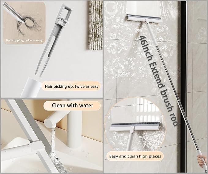 Bathroom Floor Squeegee - Rotating Lock Handle with Dual Rubber Blades - Shower/Window Water Remover for Tile & Glass - Hair Catcher Cleaning Tool. (White,12.99 * 1.06 * 46.46inch) - NeatNest