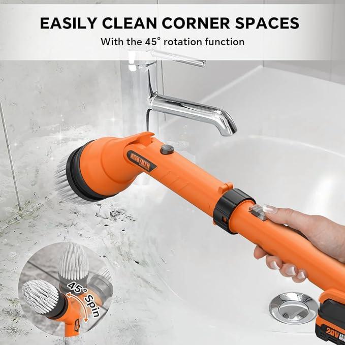 2 Battery Electric Spin Scrubber, 1000RPM Cordless Cleaning Brush Waterproof with 20V Power Supplied, Adjustable Extension Handle, 4 Replaceable Cleaning Heads, Hook, Gloves - for Tub/Tile/Wall/Floor - NeatNest