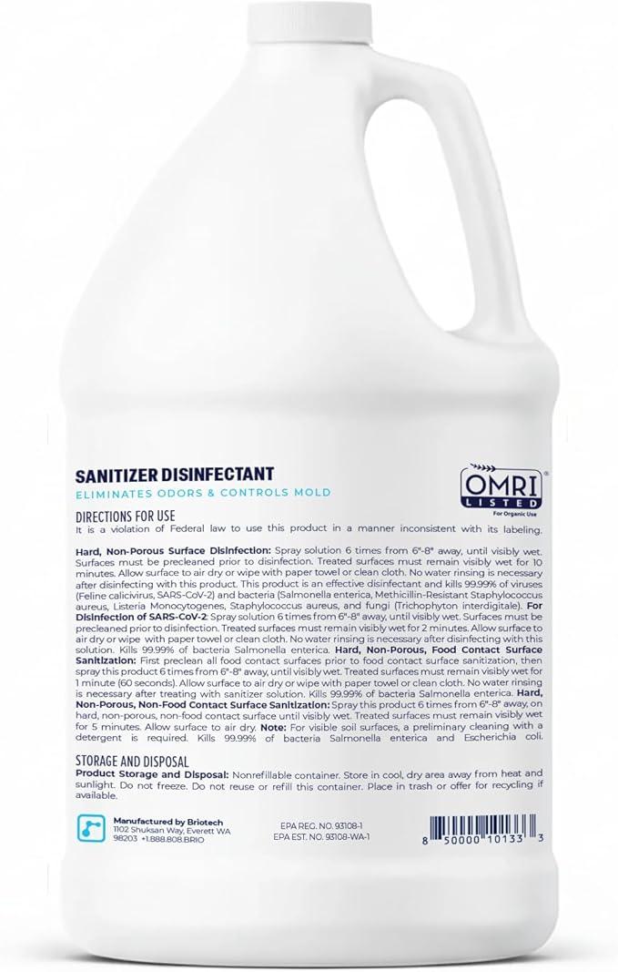 BRIOTECH Sanitizer Disinfectant Hypochlorous, Kill 99.99% of Viruses & Bacteria, Control Mold, Eliminate Odor, Gentle for Nursery & Play Rooms, Food Contact Surface Sanitizer, 1 Gallon Refill - NeatNest