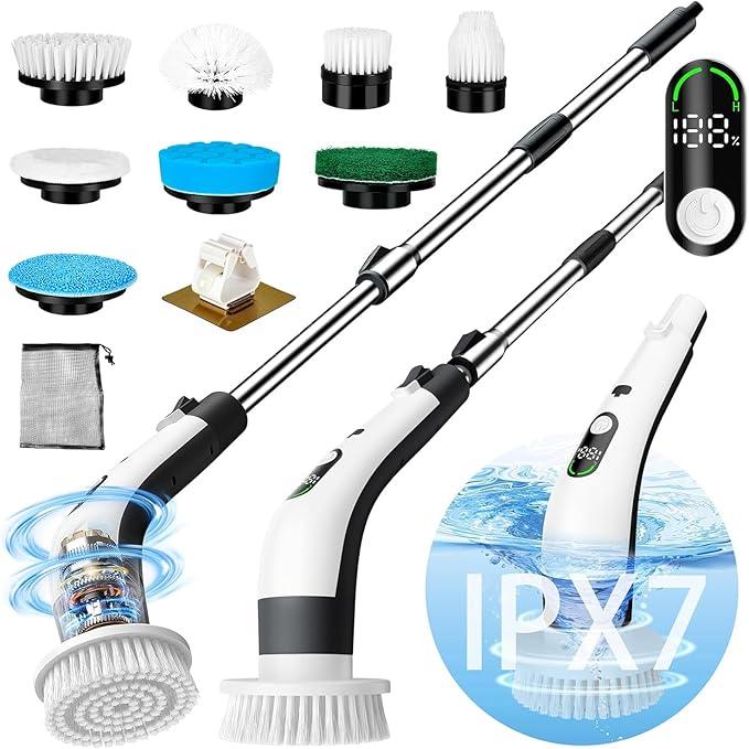 PUNOMO Electric Spin Scrubber, Cordless Waterproof Cleaning Brush with 8 Replaceable Brush Heads - 120Mins Work Time Adjustable Long Handle 2 Speeds 360 Power Scrubber for Bathroom Shower Kitchen Car - NeatNest