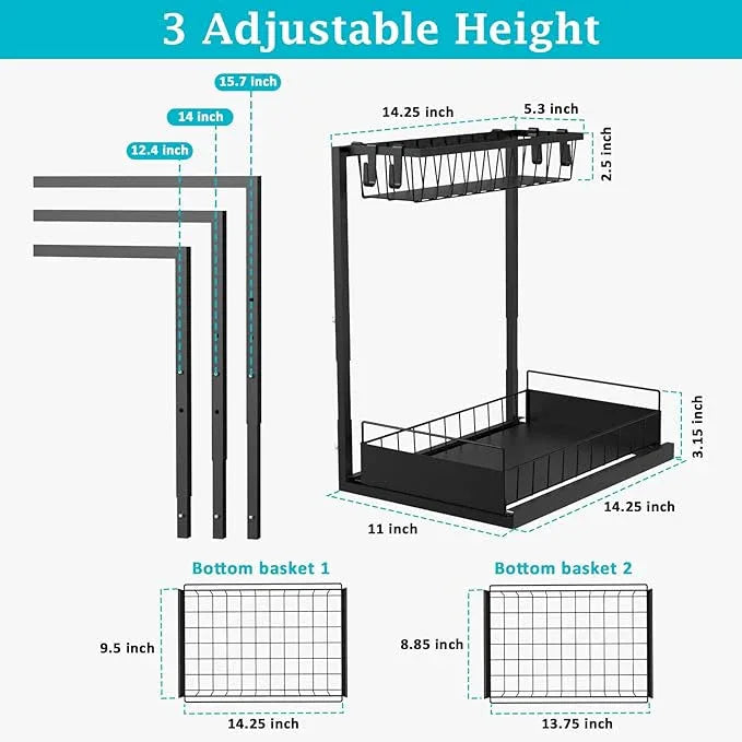REALINN Under Sink Organizer, 2 Pack Height Adjustable Kitchen Organizers and Storage, 2 Tier Pull Out Sliding Cabinet Storage, Multi-Use for Kitchen Bathroom Cabinet - NeatNest