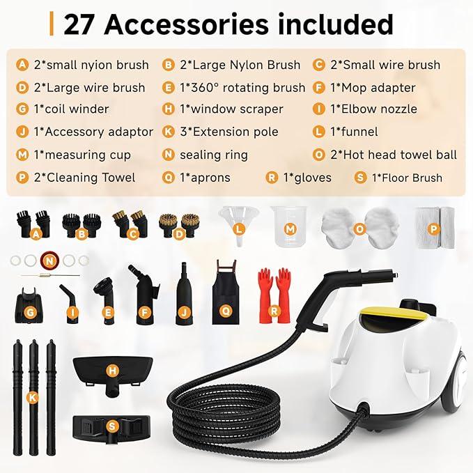 Steam Cleaner, with 27 Accessories, 2000W Portable Household Steamer, with 2.1L Tank and 6M Extra-Long Power Cord for Floor Cleaning,Tile, Carpet, Furniture, Upholstery, Grout, Kitchen, Car (white) - NeatNest