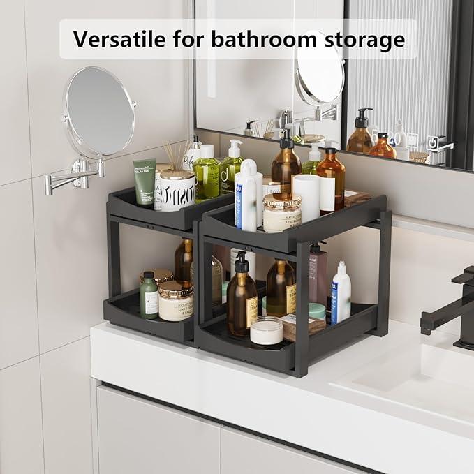 Bamboo Under Sink Organizer Adjustable Height 2 Tier Bathroom Organizer Pull Out Cabinet Storage Kitchen Heave Duty Wood Slide Ou Shelf for Kitchen Bathroom (Black, 2 Packs) - NeatNest