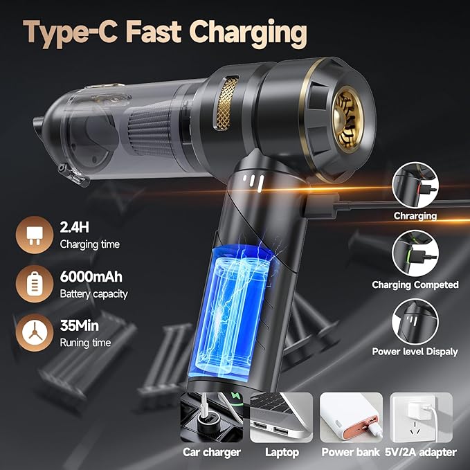 AIPROIN Car Vacuum Portable Cordless, Foldable Handheld Vacuum with Brushless Motor, 22000PA High Power Mini Hand Vacuum Cleaner & Air Blower & Duster & Pump for Home, Pet, Office