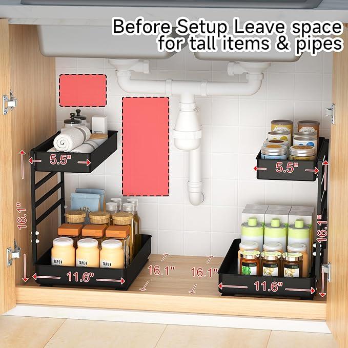 EVERIE Height Adjustable 2 Tier Metal Pull Out Slide Shelf Organizer for Under Sink Cabinets in Kitchen, Bathroom, with Snap-on Top Tray, 16" Deep (Black, 2 Sets) - NeatNest
