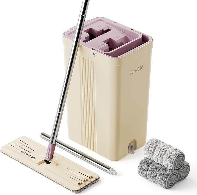 JOYMOOP Mop and Bucket Set (Beige & Blush Brown) with Extension Handle, Ideal for Floor, Window, and Wall Cleaning - Includes 3 Washable Microfiber Pads for Wet and Dry Use - NeatNest