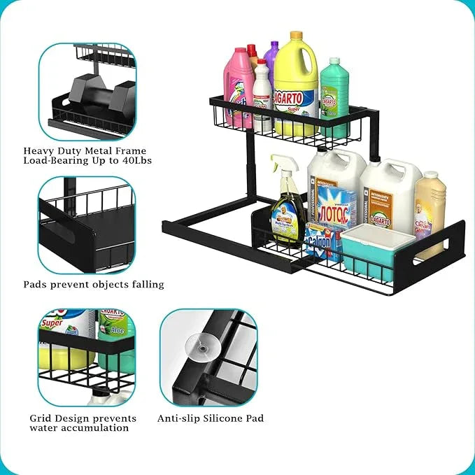 REALINN Under Sink Organizer, Pull Out Cabinet Organizer Slide Out Sink Shelf Cabinet Storage Shelves, Storages for Kitchen Bathroom, Black, 2 Pack - NeatNest