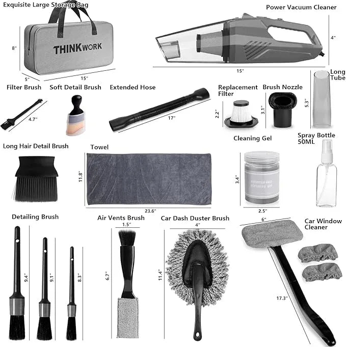 THINKWORK Car Cleaning Kit, Car Vacuum Kit, Gray Car Interior Detailing Kit with 8000PA High Power Vacuum, Including 7Pcs Detailing Brush Set and Bag - NeatNest