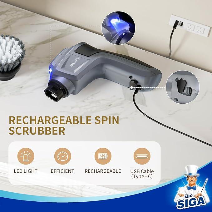 MR.SIGA Electric Spin Scrubber for Kitchen and Bathroom Cleaning, Waterproof Rechargeable Cordless Spin Scrubber with 5 Replaceable Cleaning Brushes and Pads - NeatNest