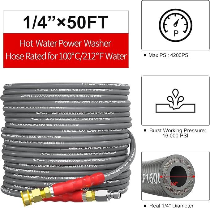 Pressure Washer Hose 50ft, 4200PSI Wire Braid Power Washer Extension Hose 1/4 Inch High Tensile, Flexible Kink Resistant Heavy Duty Replacement Hose with 3/8 Quick Connect - NeatNest