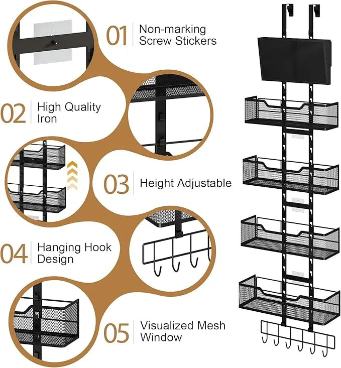 Adjustable Over The Door Organizer, Metal Hanging Door Storage with 4 Metal Baskets and PVC Pocket, Closet Door Organizer for Bathroom Bedroom Cabinet, Black - NeatNest